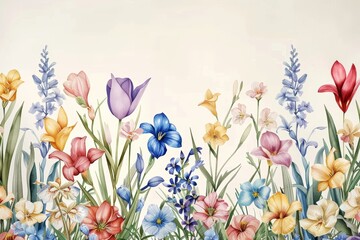 Colorful watercolor illustration of various flowers in full bloom, featuring a mix of vibrant hues and delicate details on a light background.