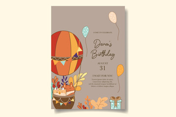 colorful birthday celebration invitation card with air balloons, cartoon animals and rainbows with a boho feel