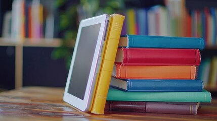 Colorful stack of books with e book reader for electronic library concept School theme with space for text