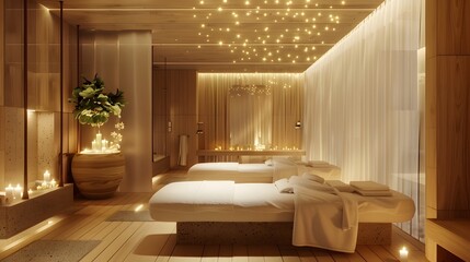A high-end spa room with a peaceful ambiance, featuring aromatic oil diffusers, soft towels, and...
