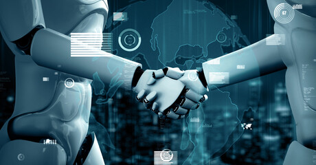 MLP 3d illustration Future financial technology controll by AI robot huminoid uses machine learning and artificial intelligence to analyze business data and give advice on investment and trading