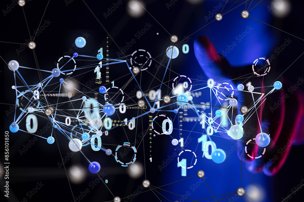 Poster Global network. Blockchain. 3D illustration. Neural networks and artificial intelligence. Abstract