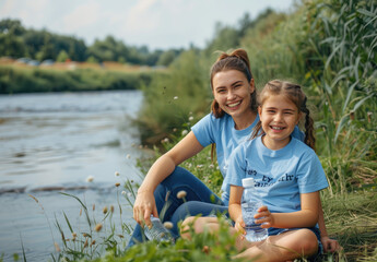 a mother and daughter sitting by the river, smiling while holding water bottles in their hands