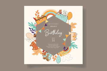 colorful birthday celebration invitation card with air balloons, cartoon animals and rainbows with a boho feel