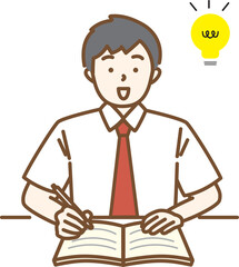 夏服の男子学生がひらめいた時の勉強シーンイラスト　電球マーク