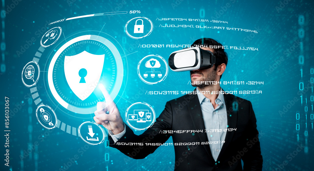Poster caucasian project manager wearing vr glasses while look at hologram of security system. smart busine