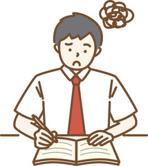 夏服の男子学生が悩んでいる勉強シーンイラスト　モヤモヤ