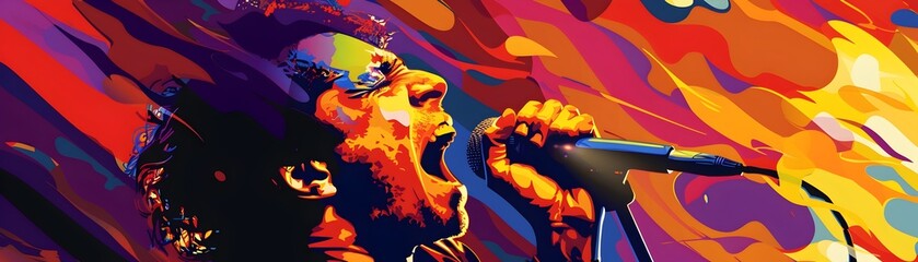 Fiery Pop Art Portrayal of a Passionate Rock n Roll Singer on Stage