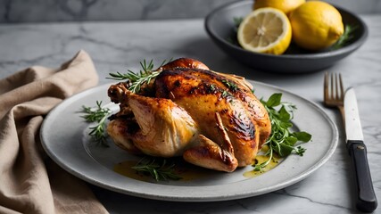 Homemade Rotisserie chicken with lemon and herb on a white plate on a gray marble table. Ai Generative.