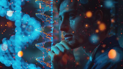 A man is looking at a blue and red spiral