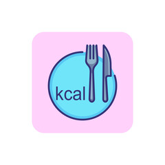 Kcal line icon. Fork, knife and plate drawing with kcal inscription. Diet concept. Vector illustration can be used for topics like healthy cooking, diet, lifestyle