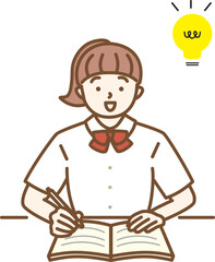 夏服の女子学生がひらめいた時の勉強シーンイラスト　電球マーク
