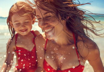 A young mother and her little daughter wearing red swimming suits play on the beach, smiling happily under bright sunshine