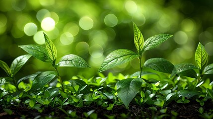 Green plant leaves covered with water drops after rain, creating a fresh and picturesque nature scene.