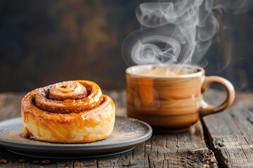 Close-up of a freshly baked cinnamon roll with a steaming hot coffee cup next to it on wooden cafe table. Sweet cinnamon buns American cuisine. Cinnabon with spices and vanilla cream sauce. Breakfast