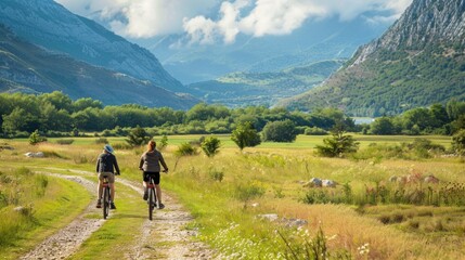 A couple riding bicycles through a scenic countryside. 