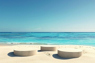 Summer beach scene with a 3D podium on sandy shores showcasing products against a serene backdrop of the ocean and clear blue sky