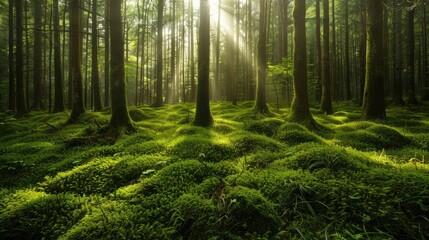 Obraz premium Forest moss sunbeams. Generative AI