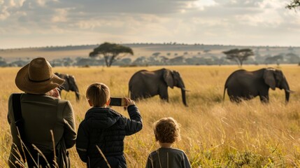 Authentic family safari  african elephants observed in realistic photo experience