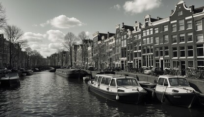 Fototapeta premium Black and white canal scene with boats