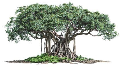 A detailed jungle tree with extensive roots and vines, isolated on white background 
