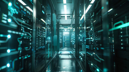 Fototapeta premium Neon-lit server racks in a modern data center