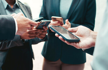 Phone, hands and communication for business people, technology and app collaboration for company workforce. Chat, internet and brainstorming for networking, typing and teamwork huddle circle