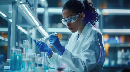A woman in a lab coat is wearing blue gloves and holding a pipette