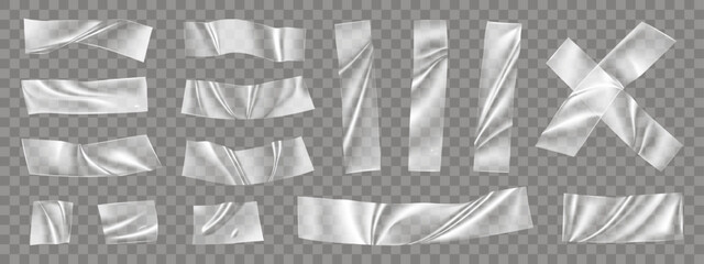 Transparent tape. Clear plastic paper stickers, sticky adhesive film, overlay sellotape texture, isolated patches collection. Crumpled glue plastic strips, paper texture. Vector isolated 3d set