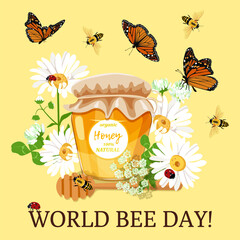 Fototapeta premium Jar of honey with honey spoon, with wild flowers, ladybugs, butterflies and bees.