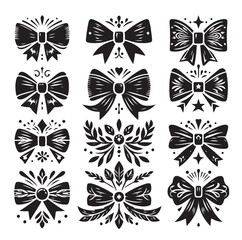 Set of simple decorative holiday ribbon bows for gifts, to decorate hair on white background. Bow silhouette for gift wrapping