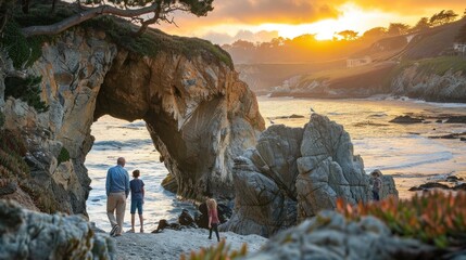 A family exploring a hidden cave along a rocky shoreline during a coastal hike.  - Powered by Adobe