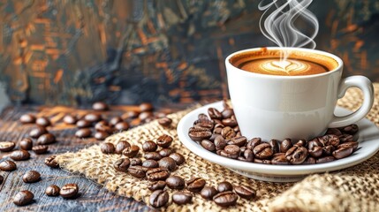 Arabica coffee beans and a steaming cup on a rustic table, Arabica coffee, Earthy vibes