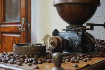 Arabica coffee beans next to a traditional coffee mill, Arabica coffee, Heritage and history