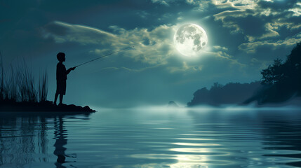 Young boy fishing silhouette with full moon at night