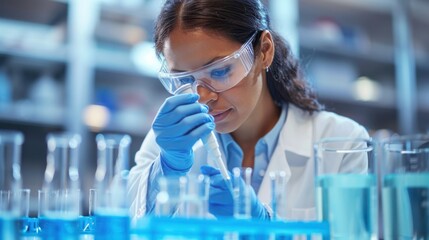 A woman in a lab coat is looking at a blue liquid in a beaker