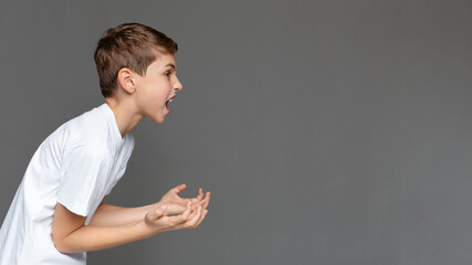 Awkward age. Angry emotional boy screaming and gesturing with hands in air, side view, gray studio background with free space © Prostock-studio