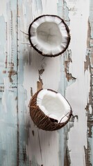 Halved coconuts on rustic wooden background, tropical freshness concept