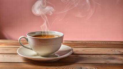steaming cup of tea, in a wood table, in a dark place