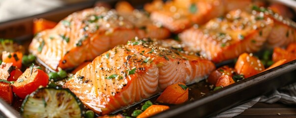 Baked salmon with a maple glaze and roasted vegetables, Salmon Dish, Sweet and savory meal