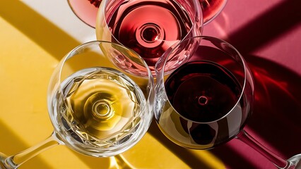 Glasses with white red and pink wine on yellow background top view