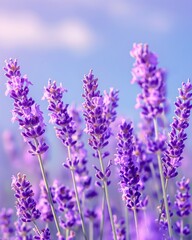 Vibrant, detailed close-up of beautiful purple lavender blooms against a soft, pastel background Nature and serenity concept