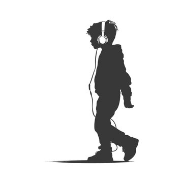 recommend clip art: silhouette little boy walking listening to headset black color only