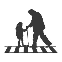 silhouette little girl helps the elderly man cross the street smartphone black color only