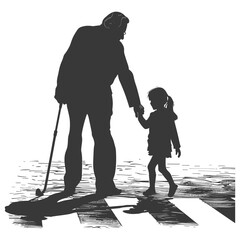 silhouette little girl helps the elderly man cross the street smartphone black color only