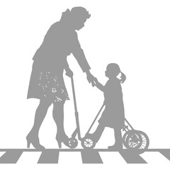 silhouette little girl helps the elderly woman cross the street smartphone black color only