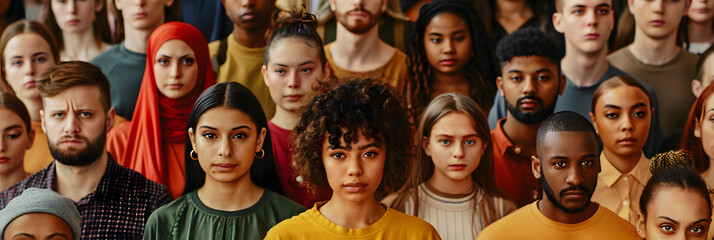 large mixed group of multicultural people look camera,
