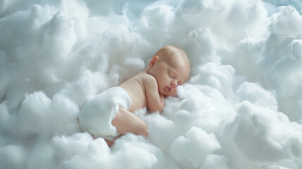 ベビーのお昼寝タイム、柔らかい雲に包まれて寝る赤ちゃんの肌を守るふわふわコットンおむつのイメージ写真