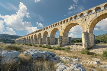 Fototapeta premium A serene scene of a stone bridge spanning a river, set against a blue sky