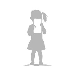 silhouette little girl shows a blank white screen smartphone or tablet